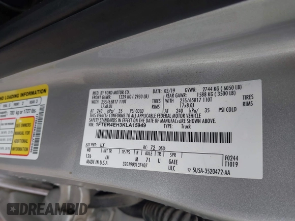 2019 Ford Ranger XL with VIN 1FTER4EH3KLA15949, listed as a IAAI auction lot 41152556 with 80,631 mi miles and . Bid and sale history available at DreamBid. Image 9.