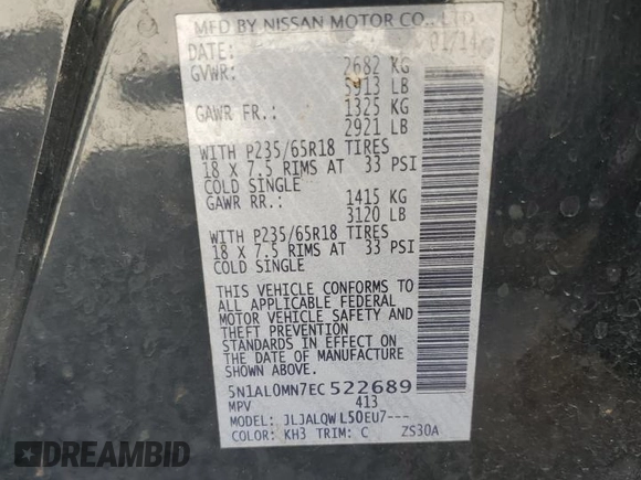 2014 Infiniti QX60 с VIN 5N1AL0MN7EC522689, выставлен на аукционе Copart как лот 56688785 с пробегом 217 628 миль миль и Списание • Salvage title. История ставок и продаж доступна на DreamBid. Изображение 13.