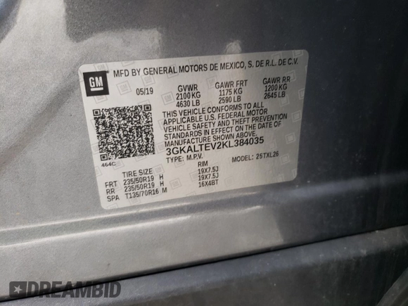 2019 GMC Terrain SLE with VIN 3GKALTEV2KL384035, listed as a Copart auction lot 51871775 with 72,035 mi miles and Salvage Title. Bid and sale history available at carsss.com. Image 14.