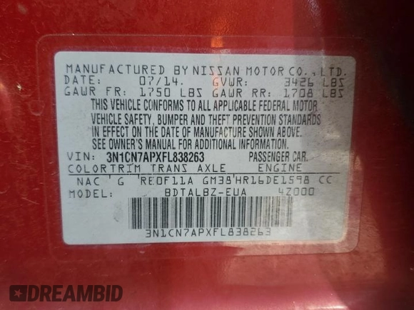 2015 Nissan Versa SV with VIN 3N1CN7APXFL838263, listed as a Copart auction lot 54609155 with 132,720 mi miles and Salvage Title. Bid and sale history available at carsss.com. Image 12.