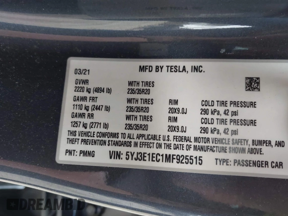 2021 Tesla Model 3 Performance with VIN 5YJ3E1EC1MF925515, listed as a IAAI auction lot 41721548 with 36,478 mi miles and . Bid and sale history available at carsss.com. Image 9.