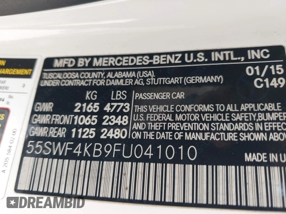 2015 Mercedes-Benz C 300 Luxury with VIN 55SWF4KB9FU041010, listed as a IAAI auction lot 42552629 with 137,001 mi miles and . Bid and sale history available at DreamBid. Image 9.