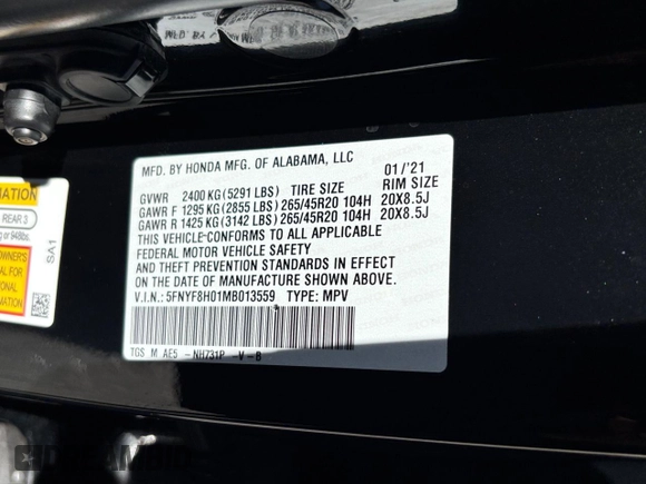 2021 Honda Passport Elite with VIN 5FNYF8H01MB013559, listed as a Copart auction lot 53684375 with 37,300 mi miles and Clean Title. Bid and sale history available at carsss.com. Image 10.