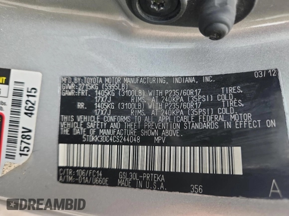 2012 Toyota Sienna LE AAS with VIN 5TDKK3DC4CS244048, listed as a Copart auction lot 55940585 with 163,222 mi miles and Clean Title. Bid and sale history available at DreamBid. Image 10.