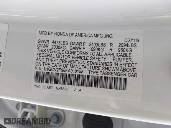 2019 Honda Accord Touring with VIN 1HGCV2F98KA010158, listed as a IAAI auction lot 41914888 with 46,960 mi miles and . Bid and sale history available at DreamBid. Image 9.