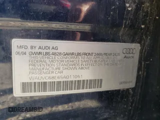 2005 Audi A4 1.8T with VIN WAUVC68E65A011051, listed as a Copart auction lot 81350183 with 103,587 mi miles and Clean Title. Bid and sale history available at carsss.com. Image 10.