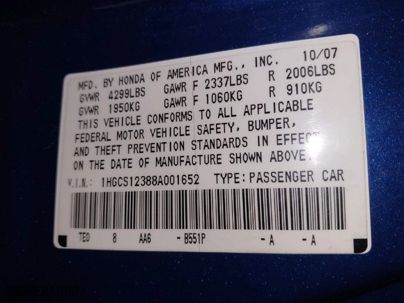 2008 Honda Accord Cpe LX-S with VIN 1HGCS12388A001652, listed as a IAAI auction lot 41287555 with 187,089 mi miles. Bid and sale history available at carsss.com. Image 9.