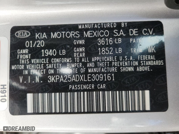 2020 Kia Rio 5-Door S with VIN 3KPA25ADXLE309161, listed as a Copart auction lot 86760204 with 72,051 mi miles and Salvage Title. Bid and sale history available at carsss.com. Image 12.