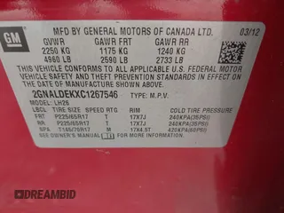 2012 Chevrolet Equinox LT w/1LT with VIN 2GNALDEKXC1267546, listed as a IAAI auction lot 42091927 with 146,022 mi miles. Bid and sale history available at carsss.com. Image 9.