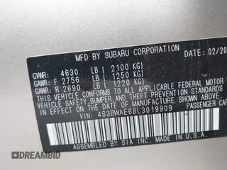 2020 Subaru Legacy Premium with VIN 4S3BWAE68L3019909, listed as a IAAI auction lot 42507242 with 38,714 mi miles and . Bid and sale history available at DreamBid. Image 9.