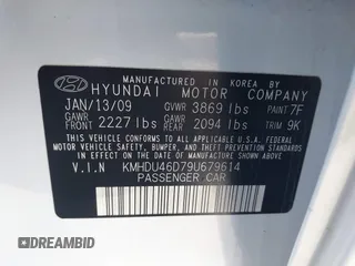 2009 Hyundai Elantra GLS with VIN KMHDU46D79U679614, listed as a IAAI auction lot 41774583 with 133,519 mi miles and . Bid and sale history available at DreamBid. Image 9.