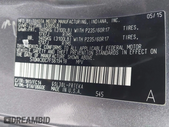2015 Toyota Sienna LE AAS with VIN 5TDKK3DC7FS619418, listed as a IAAI auction lot 42553836 with 116,190 mi miles and . Bid and sale history available at DreamBid. Image 9.