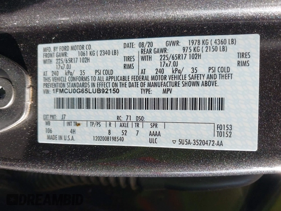 2020 Ford Escape SE with VIN 1FMCU0G65LUB92150, listed as a IAAI auction lot 42180867 with 39,413 mi miles and . Bid and sale history available at DreamBid. Image 9.