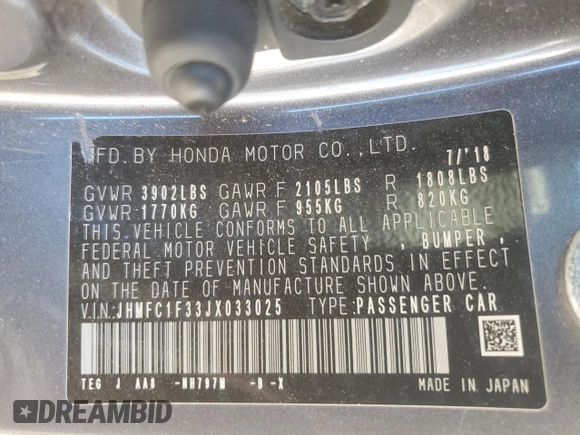 2018 Honda Civic EX-T z VIN JHMFC1F33JX033025, wystawiony jako Copart lot #46920555 z przebiegiem 100 673 mil mil oraz Szkoda całkowita • Salvage title. Historia ofert i sprzedaży dostępna na DreamBid. Obrazek 12.