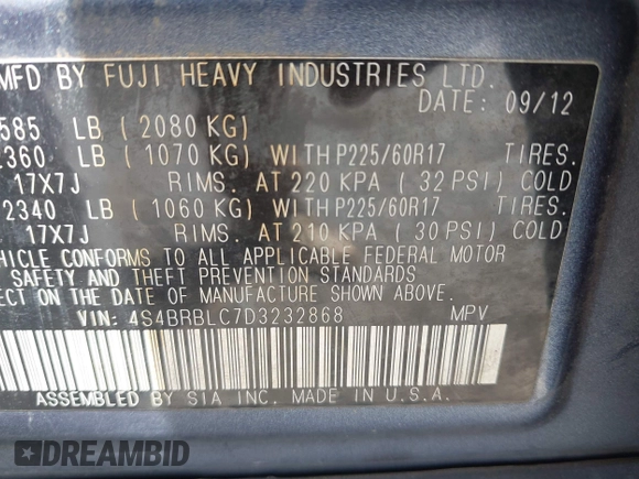 2013 Subaru Outback Limited with VIN 4S4BRBLC7D3232868, listed as a IAAI auction lot 42172681 with 148,328 mi miles and . Bid and sale history available at DreamBid. Image 9.