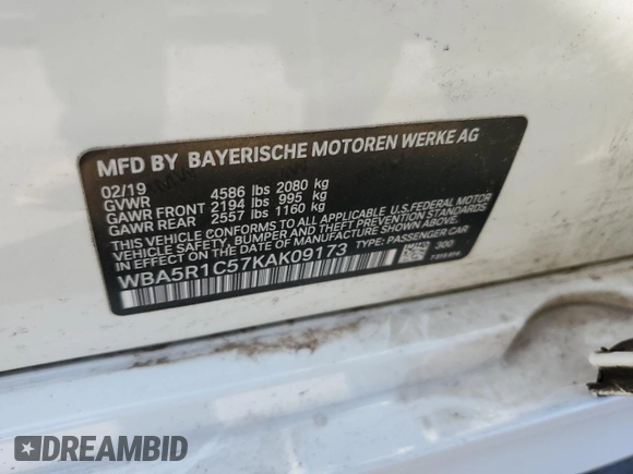 2019 BMW 3 Series 330i with VIN WBA5R1C57KAK09173, listed as a Copart auction lot 57803915 with 89,043 mi miles and Salvage title. Bid and sale history available at DreamBid. Image 12.