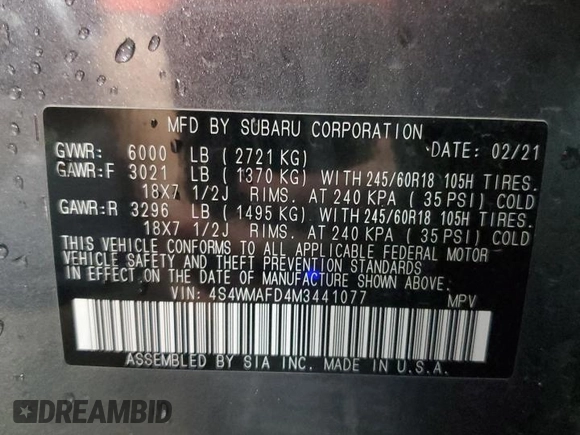 2021 Subaru Ascent Premium with VIN 4S4WMAFD4M3441077, listed as a Copart auction lot 61640385 with 100,113 mi miles and Salvage title. Bid and sale history available at DreamBid. Image 14.