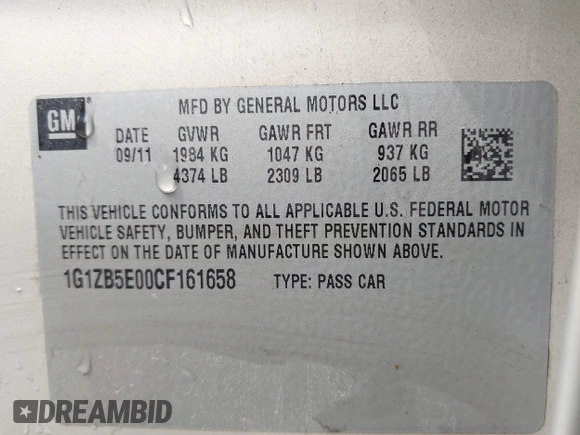 2012 Chevrolet Malibu 1LS with VIN 1G1ZB5E00CF161658, listed as a IAAI auction lot 42027845 with 249,422 mi miles and . Bid and sale history available at DreamBid. Image 9.