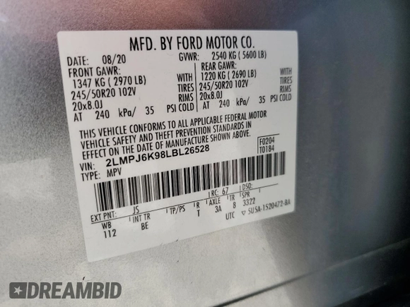 2020 Lincoln Nautilus Reserve with VIN 2LMPJ6K98LBL26528, listed as a Copart auction lot 59890615 with 84,667 mi miles and Salvage title. Bid and sale history available at DreamBid. Image 14.