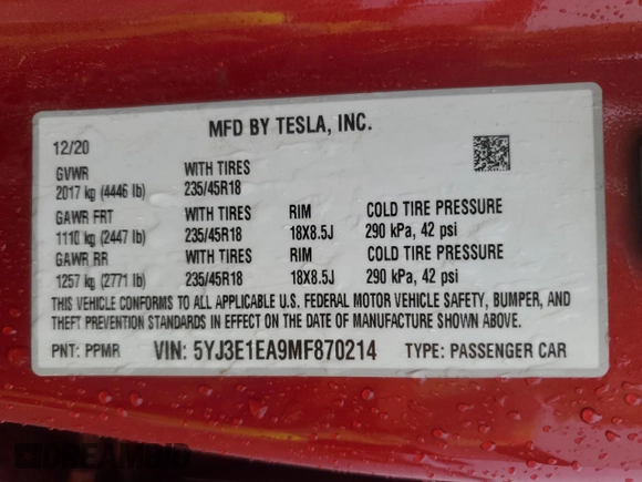 2021 Tesla Model 3 Standard Range Plus with VIN 5YJ3E1EA9MF870214, listed as a Copart auction lot 47702535 with 46,486 mi miles and Salvage Title. Bid and sale history available at DreamBid. Image 14.