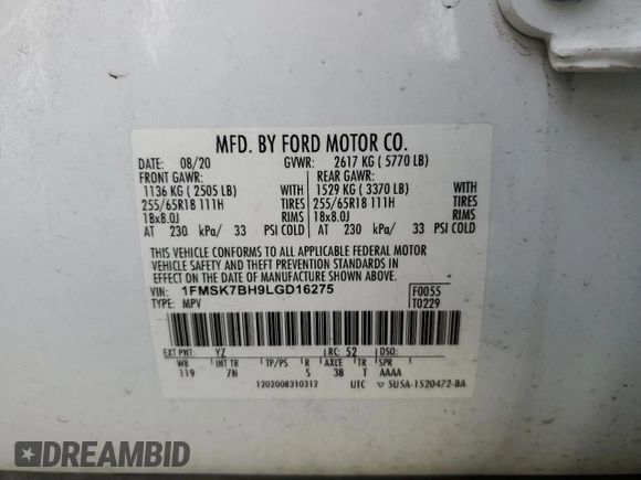 2020 Ford Explorer with VIN 1FMSK7BH9LGD16275, listed as a Copart auction lot 49997575 with 0 mi miles and Salvage Title. Bid and sale history available at carsss.com. Image 14.