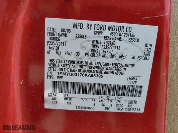 2006 Ford Escape XLT with VIN 1FMYU03176KA68395, listed as a Copart auction lot 60214814 with 0 mi miles and Salvage Title. Bid and sale history available at carsss.com. Image 13.