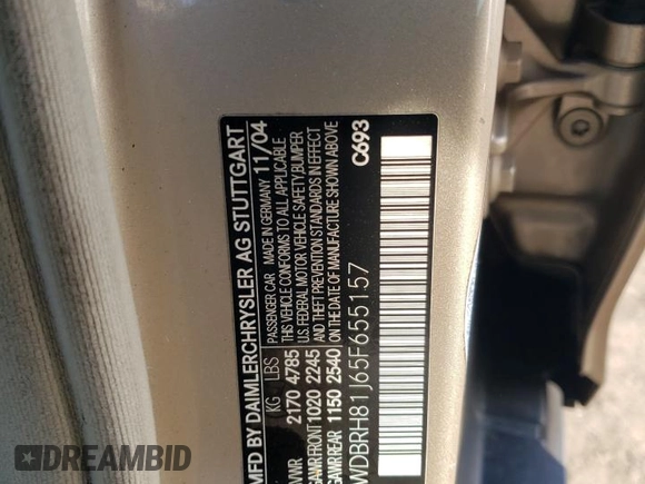 2005 Mercedes-Benz C 240 with VIN WDBRH81J65F655157, listed as a Copart auction lot 45287645 with 185,278 mi miles and Salvage title. Bid and sale history available at DreamBid. Image 14.