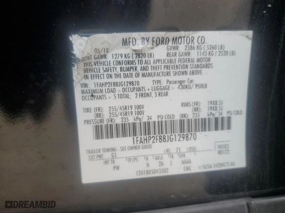 2018 Ford Taurus Limited with VIN 1FAHP2F88JG129870, listed as a Copart auction lot 89185465 with 56442 miles and Non Repairable. Bid and sale history available at carsss.com. Image 12.