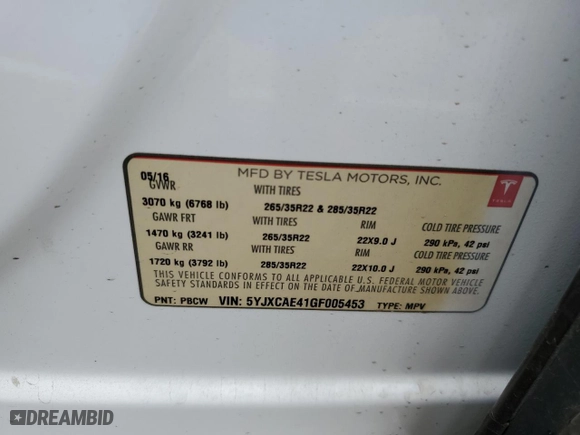 2016 Tesla Model X P90D with VIN 5YJXCAE41GF005453, listed as a Copart auction lot 76577274 with NaN miles and Clean Title. Bid and sale history available at carsss.com. Image 12.