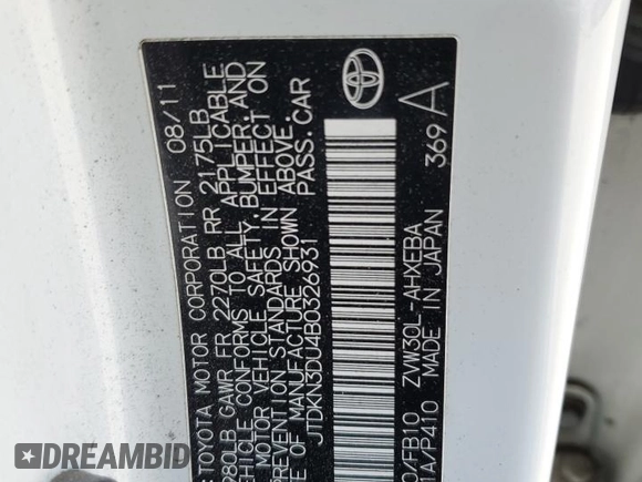 2011 Toyota Prius I with VIN JTDKN3DU4B0326931, listed as a Copart auction lot 55527345 with 181,462 mi miles and Salvage Title. Bid and sale history available at DreamBid. Image 12.