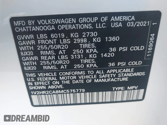 2021 Volkswagen Atlas SE with VIN 1V2HR2CA8MC575779, listed as a IAAI auction lot 42542070 with 84,849 mi miles and . Bid and sale history available at DreamBid. Image 8.