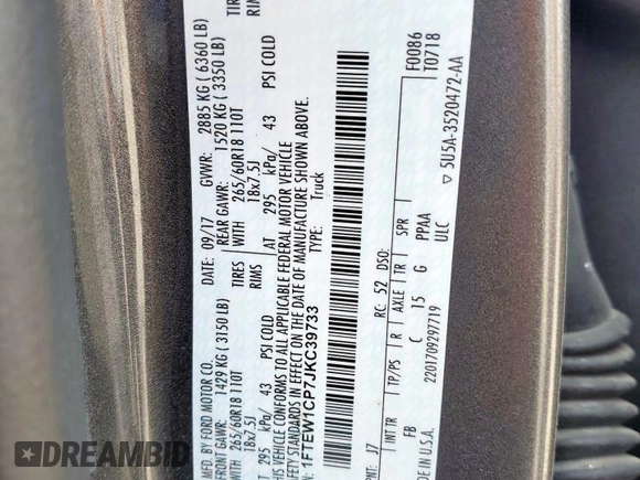 2018 Ford F-150 XL с VIN 1FTEW1CP7JKC39733, выставлен на аукционе Copart как лот 63554635 с пробегом Не указан миль и На запчасти • Non repairable. История ставок и продаж доступна на DreamBid. Изображение 13.
