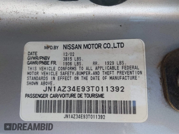 2003 Nissan 350Z Touring with VIN JN1AZ34E93T011392, listed as a IAAI auction lot 42096385 with 83,429 mi miles and . Bid and sale history available at DreamBid. Image 9.