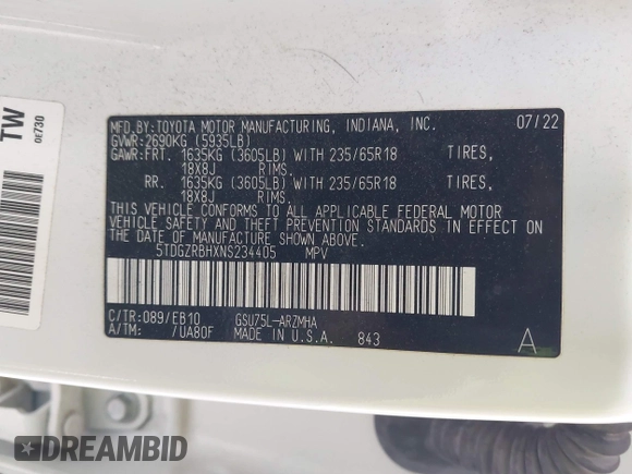 2022 Toyota Highlander XLE with VIN 5TDGZRBHXNS234405, listed as a IAAI auction lot 42045237 with 49,875 mi miles and . Bid and sale history available at DreamBid. Image 9.