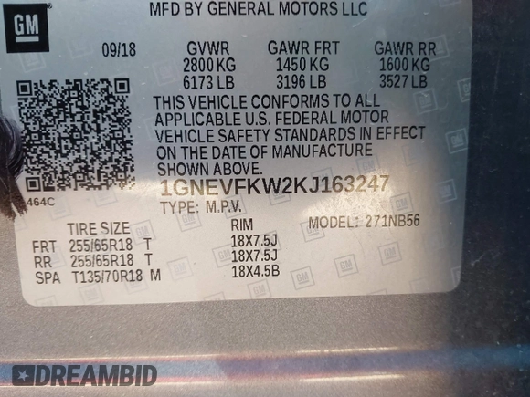 2019 Chevrolet Traverse LS with VIN 1GNEVFKW2KJ163247, listed as a IAAI auction lot 41253155 with 1 mi miles. Bid and sale history available at carsss.com. Image 9.