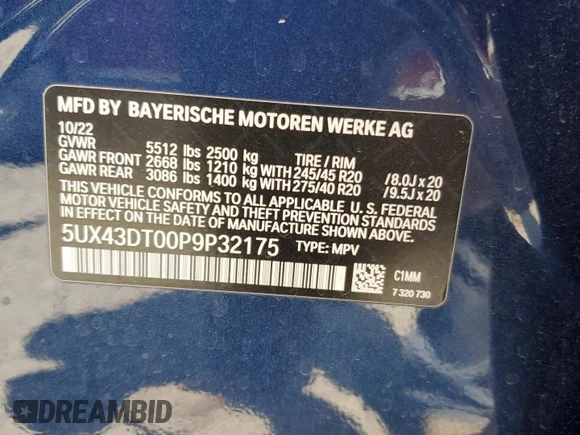 2023 BMW X4 M40i z VIN 5UX43DT00P9P32175, wystawiony jako Copart lot #51760625 z przebiegiem 17 620 mil mil oraz Szkoda całkowita • Salvage title. Historia ofert i sprzedaży dostępna na DreamBid. Obrazek 12.