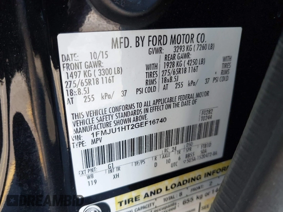 2016 Ford Expedition XLT с VIN 1FMJU1HT2GEF16740, выставлен на аукционе IAAI как лот 41358594 с пробегом 147 983 миль миль и . История ставок и продаж доступна на DreamBid. Изображение 9.