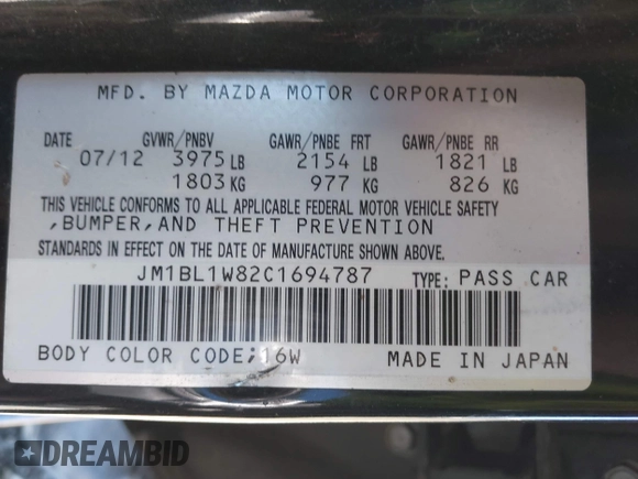 2012 Mazda 3 i Grand Touring with VIN JM1BL1W82C1694787, listed as a IAAI auction lot 41979890 with 237,675 mi miles and . Bid and sale history available at DreamBid. Image 9.