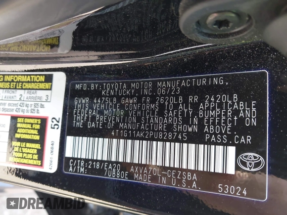2023 Toyota Camry SE with VIN 4T1G11AK2PU828745, listed as a IAAI auction lot 42193957 with 35,399 mi miles and . Bid and sale history available at carsss.com. Image 9.