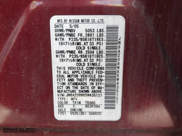 2005 Nissan Murano SL with VIN JN8AZ08WX5W435121, listed as a IAAI auction lot 42115918 with 265,585 mi miles. Bid and sale history available at carsss.com. Image 9.