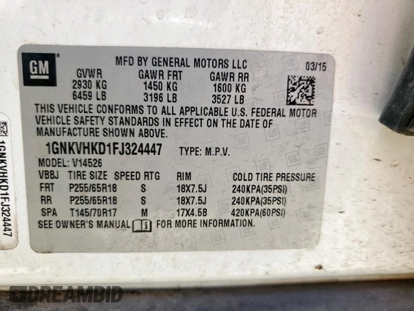 2015 Chevrolet Traverse LT z VIN 1GNKVHKD1FJ324447, wystawiony jako Copart lot #60362725 z przebiegiem 107 863 mil mil oraz Szkoda całkowita • Salvage title. Historia ofert i sprzedaży dostępna na DreamBid. Obrazek 12.