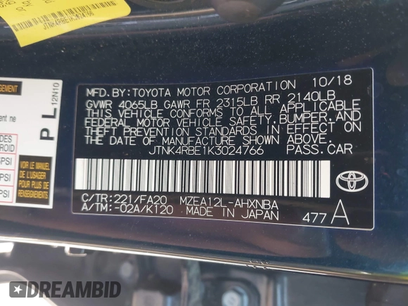 2019 Toyota Corolla Hatchback SE with VIN JTNK4RBE1K3024766, listed as a IAAI auction lot 42037121 with 121,595 mi miles. Bid and sale history available at carsss.com. Image 9.
