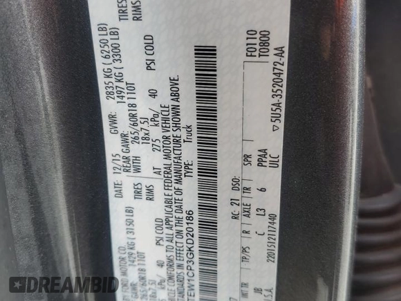 2016 Ford F-150 XL with VIN 1FTEW1CP3GKD20186, listed as a Copart auction lot 59256505 with 112,551 mi miles and Salvage title. Bid and sale history available at DreamBid. Image 12.
