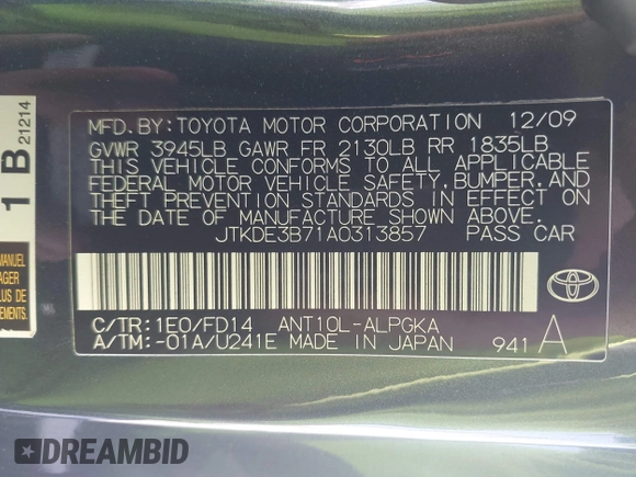 2010 Scion tC z VIN JTKDE3B71A0313857, wystawiony jako IAAI lot #42193489 z przebiegiem 132 884 mil mil oraz . Historia ofert i sprzedaży dostępna na DreamBid. Obrazek 9.