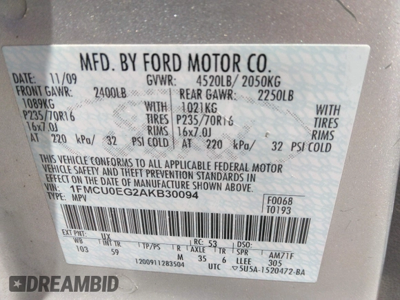 2010 Ford Escape Limited with VIN 1FMCU0EG2AKB30094, listed as a IAAI auction lot 42531795 with 201,153 mi miles and . Bid and sale history available at DreamBid. Image 9.