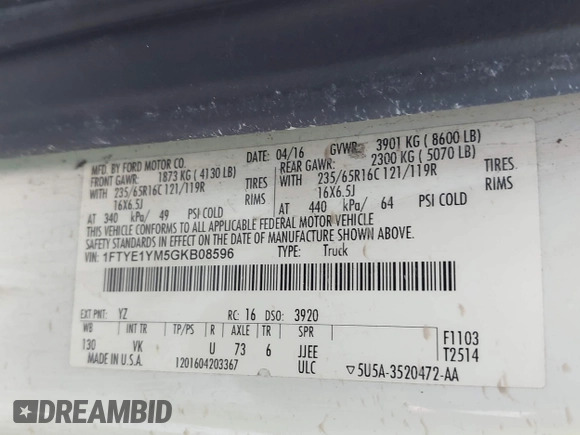 2016 Ford Transit Cargo с VIN 1FTYE1YM5GKB08596, выставлен на аукционе IAAI как лот 41459496 с пробегом 162 128 миль миль и . История ставок и продаж доступна на DreamBid. Изображение 9.