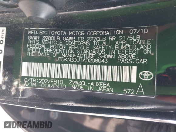 2010 Toyota Prius II with VIN JTDKN3DU1A0208043, listed as a IAAI auction lot 42127145 with 267,194 mi miles. Bid and sale history available at carsss.com. Image 9.