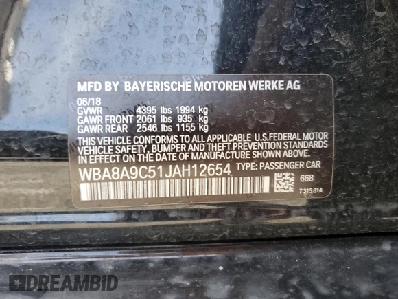2018 BMW 3 Series 320i with VIN WBA8A9C51JAH12654, listed as a Copart auction lot 45710645 with 108,681 mi miles and Salvage Title. Bid and sale history available at carsss.com. Image 14.