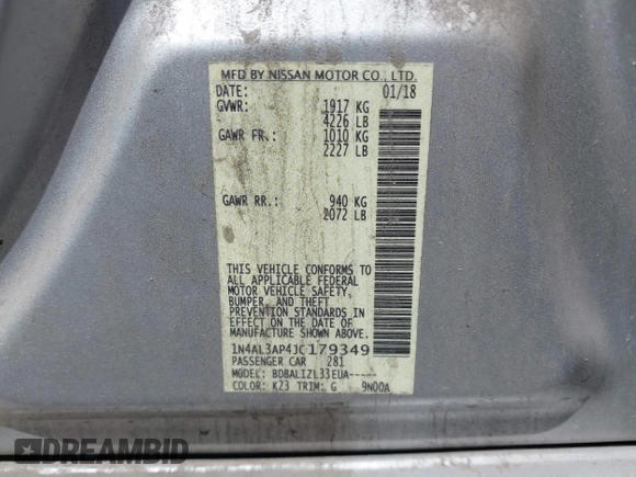 2018 Nissan Altima 2.5 S with VIN 1N4AL3AP4JC179349, listed as a IAAI auction lot 42011757 with 1 mi miles. Bid and sale history available at carsss.com. Image 9.