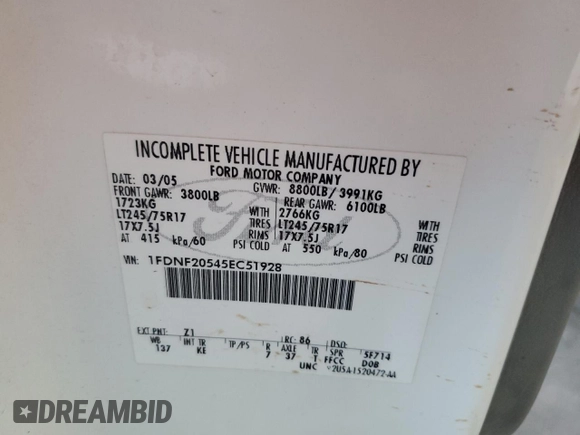 2005 Ford F-250 with VIN 1FDNF20545EC51928, listed as a Copart auction lot 71401044 with 409,115 mi miles and Clean title. Bid and sale history available at DreamBid. Image 12.